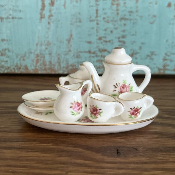 Vtg Miniature Tea Set Pink Floral Ceramic Teapot Cream Sugar Teacups Platter - Picture 1 of 9